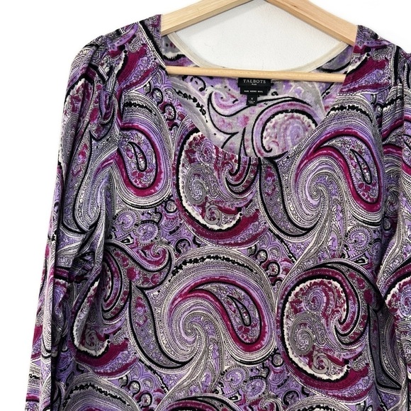 Talbots Merino Wool Womens XL Purple Paisley Crewneck Sweater 3/4 Sleeve - Picture 3 of 6